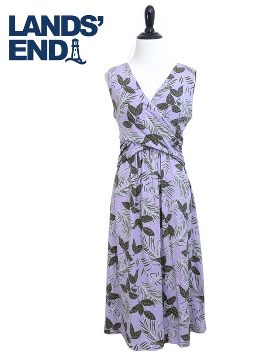 Lands' End Dresses & Skirts - Lands' End Purple & Green Leaf Print Faux Wrap Dress - Size Medium Tall 10-12